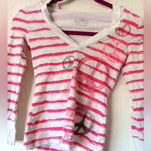 Justice Hooded Long Sleeve Pink Striped Peace Top